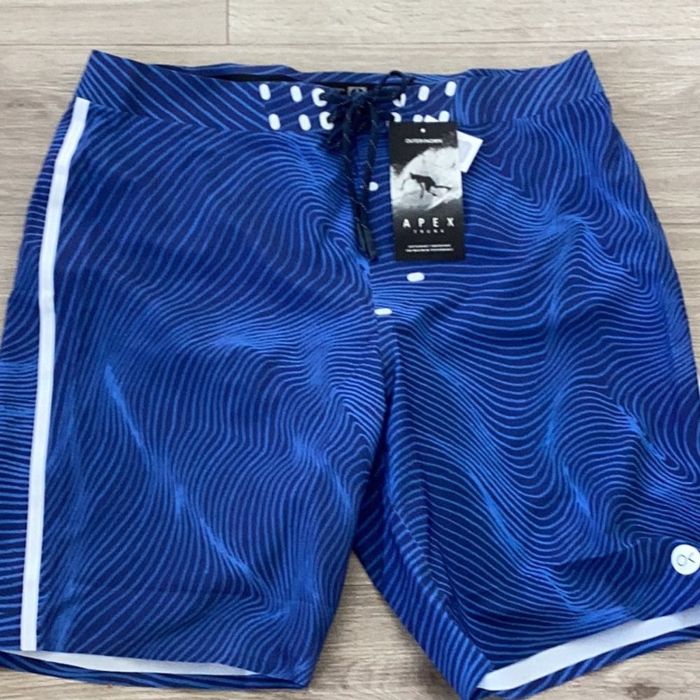 Brand new men’s swimming trunks in blue and white size 32.